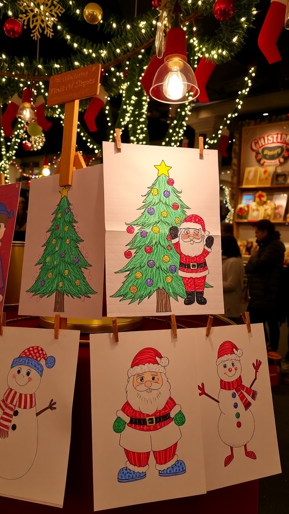 A collection of colorful Christmas drawings including a tree, Santa, and a snowman.
